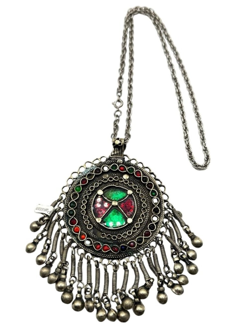 Kuchi Tribal Pendant Necklace Glass Inlay Dangling Beads 21" Handmade Pakistan